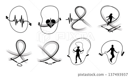 Black Solid Heart Health Skipping Silhouettes Set of Six on White Background Black Solid Heart Health Skipping Silhouettes Set of Six on White Background 137493937