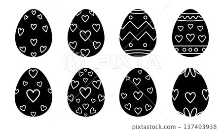 Black Solid Heart Pattern Egg Silhouettes Set of Six on White Background Black Solid Heart Pattern Egg Silhouettes Set of Six on White Background 137493938
