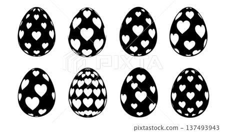 Black Solid Heart Pattern Egg Silhouettes Set of Six on White Background 137493943
