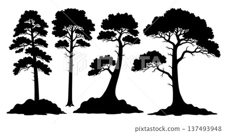 Black Solid Heavy Limb Pine Tree Silhouettes Set of Six 137493948