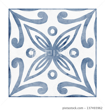 Watercolor illustration of square ceramic Tiles with blue ornamental floral motifs and symmetrical geometry. Mediterranean Azulejo style elements isolated for interior design, kitchen backsplash. 137493962
