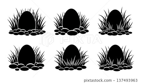 Black Solid Hidden Easter Egg Silhouettes Set of Six on White Background 137493963