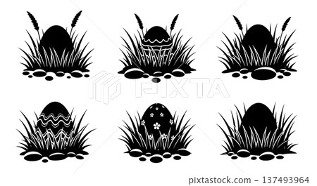 Black Solid Hidden Easter Egg Silhouettes Set of Six on White Background 137493964