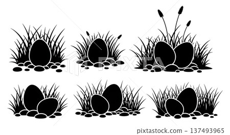 Black Solid Hidden Easter Egg Silhouettes Set of Six on White Background 137493965