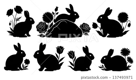 Black Solid Hiding Flower Rock Bunny Silhouettes Set of Six on White Background 137493971