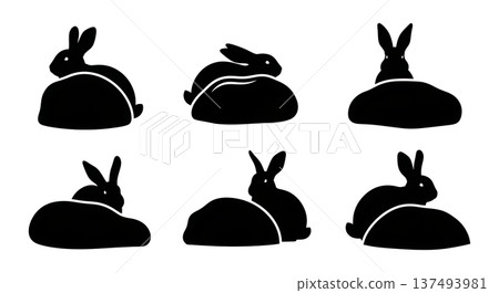 Black Solid Hiding Rock Bunny Silhouettes Set of Six on White Background Black Solid Hiding Rock Bunny Silhouettes Set of Six on White Background 137493981