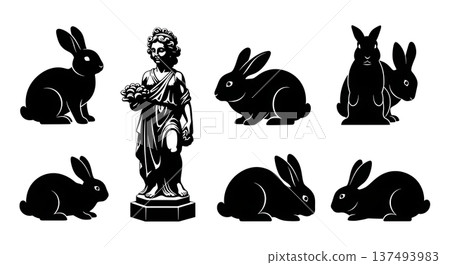 Black Solid Hiding Statue Bunny Silhouettes Set of Six on White Background Black Solid Hiding Statue Bunny Silhouettes Set of Six on White Background 137493983