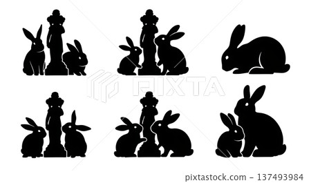 Black Solid Hiding Statue Bunny Silhouettes Set of Six on White Background Black Solid Hiding Statue Bunny Silhouettes Set of Six on White Background 137493984