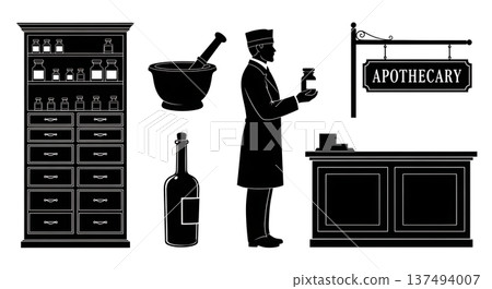 Black Solid Historical Apothecary Silhouettes Set of Six on White Background Black Solid Historical Apothecary Silhouettes Set of Six on White Background 137494007