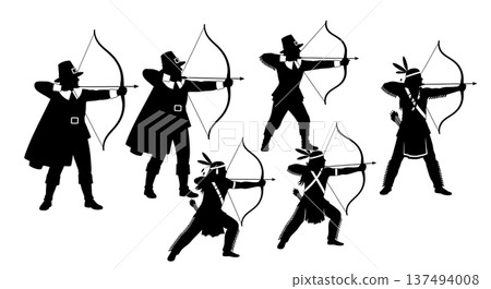 Black Solid Historical Archery Set of Six on White Background Black Solid Historical Archery Set of Six on White Background 137494008