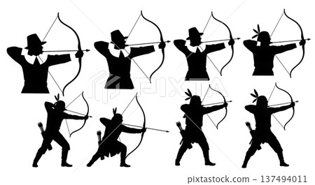 Black Solid Historical Archery Set of Six on White Background 137494011