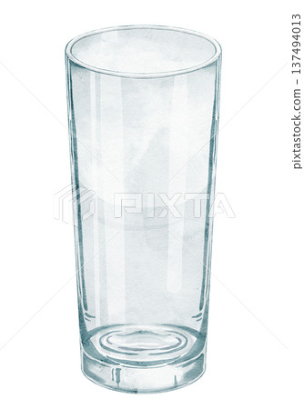 Watercolor illustration of empty transparent Glass. Drinkware element isolated for beverage design, bar menus, packaging , kitchen graphics and restaurant branding. Art of tumbler. 137494013