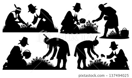Black Solid Historical Berry Gathering Set of Six on White Background Black Solid Historical Berry Gathering Set of Six on White Background 137494025