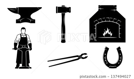Black Solid Historical Blacksmith Silhouettes Set of Six on White Background 137494027