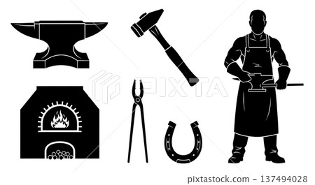Black Solid Historical Blacksmith Silhouettes Set of Six on White Background Black Solid Historical Blacksmith Silhouettes Set of Six on White Background 137494028