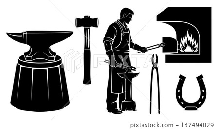 Black Solid Historical Blacksmith Silhouettes Set of Six on White Background 137494029