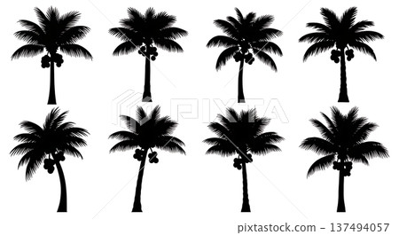 Black Solid Coconut Palm Tree Silhouettes Set of Six on White Background 137494057
