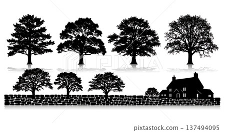 Black Solid Country Oak Tree Silhouettes Set of Six Black Solid Country Oak Tree Silhouettes Set of Six 137494095