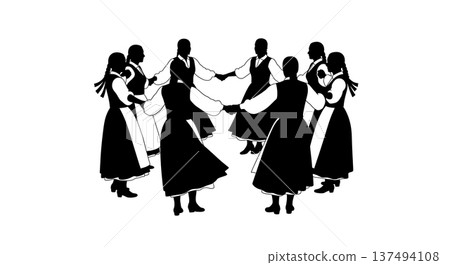 Black Solid Croatian Lindo Dance Silhouettes Set of Six on White Background 137494108