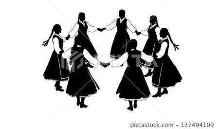 Black Solid Croatian Lindo Dance Silhouettes Set of Six on White Background 137494109