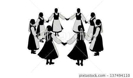 Black Solid Croatian Lindo Dance Silhouettes Set of Six on White Background 137494110