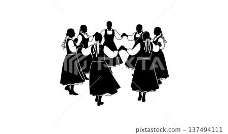 Black Solid Croatian Lindo Dance Silhouettes Set of Six on White Background Black Solid Croatian Lindo Dance Silhouettes Set of Six on White Background 137494111