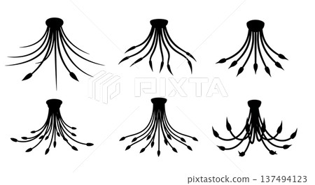 Black Solid Crystal Chandelier Light Silhouettes Set of Six on White Background 137494123