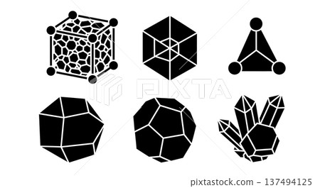 Black Solid Crystal Lattice Molecular Silhouettes Set of Six on White Background Black Solid Crystal Lattice Molecular Silhouettes Set of Six on White Background 137494125