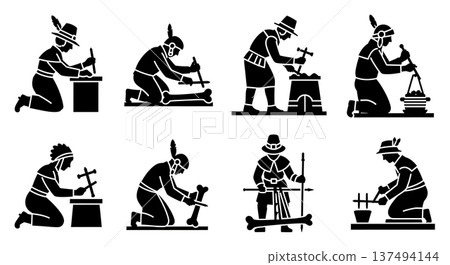 Black Solid Historical Bone Tool Set of Six on White Background Black Solid Historical Bone Tool Set of Six on White Background 137494144