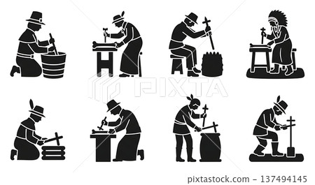Black Solid Historical Bone Tool Set of Six on White Background Black Solid Historical Bone Tool Set of Six on White Background 137494145