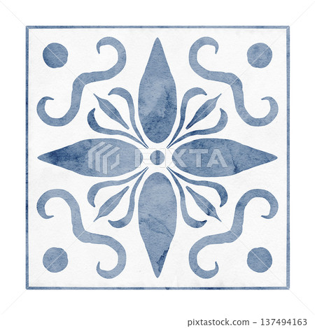 Watercolor illustration of square ceramic Tiles with blue ornamental floral motifs and symmetrical geometry. Mediterranean Azulejo style elements isolated for interior design, kitchen backsplash. Watercolor illustration of square ceramic Tiles with blue ornamental floral motifs and symmetrical geometry. Mediterranean Azulejo style elements isolated for interior design, kitchen backsplash. 137494163