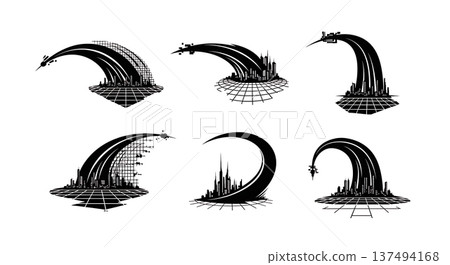 Black Solid Cybernetic Grid Light Silhouettes Set of Six on White Background Black Solid Cybernetic Grid Light Silhouettes Set of Six on White Background 137494168