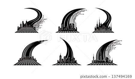 Black Solid Cybernetic Grid Light Silhouettes Set of Six on White Background 137494169