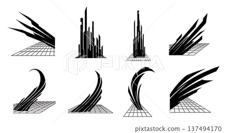 Black Solid Cybernetic Grid Light Silhouettes Set of Six on White Background 137494170