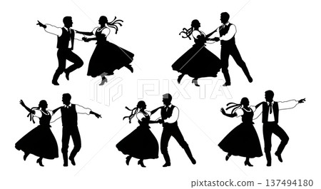 Black Solid Czech Polka Dance Silhouettes Set of Six on White Background 137494180