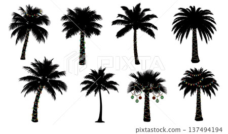 Black Solid Decorated Holiday Palm Tree Silhouettes Set of Six on White Background Black Solid Decorated Holiday Palm Tree Silhouettes Set of Six on White Background 137494194