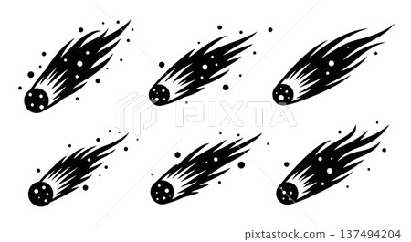 Black Solid Deep Space Comet Silhouettes Set of Six on White Background 137494204