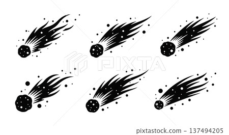 Black Solid Deep Space Comet Silhouettes Set of Six on White Background Black Solid Deep Space Comet Silhouettes Set of Six on White Background 137494205
