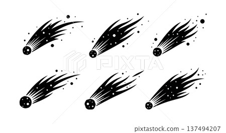 Black Solid Deep Space Comet Silhouettes Set of Six on White Background Black Solid Deep Space Comet Silhouettes Set of Six on White Background 137494207