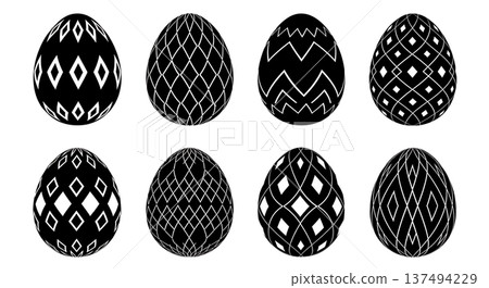 Black Solid Diamond Pattern Egg Silhouettes Set of Six on White Background 137494229