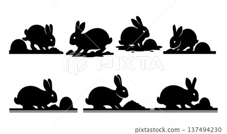 Black Solid Digging Bunny Silhouettes Set of Six on White Background Black Solid Digging Bunny Silhouettes Set of Six on White Background 137494230