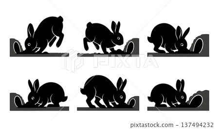 Black Solid Digging Bunny Silhouettes Set of Six on White Background 137494232