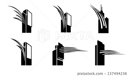 Black Solid Digital Advertising Light Silhouettes Set of Six on White Background 137494236