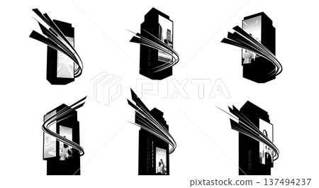 Black Solid Digital Advertising Light Silhouettes Set of Six on White Background Black Solid Digital Advertising Light Silhouettes Set of Six on White Background 137494237