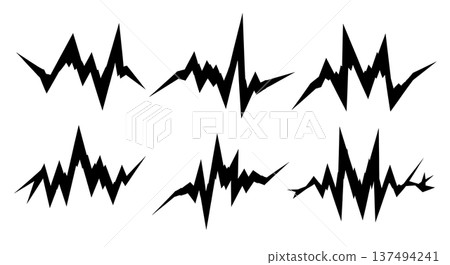 Black Solid Digital Glitch Light Silhouettes Set of Six on White Background 137494241