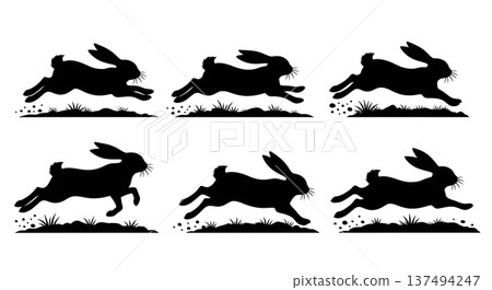 Black Solid Dirt Path Zoomies Bunny Silhouettes Set of Six on White Background Black Solid Dirt Path Zoomies Bunny Silhouettes Set of Six on White Background 137494247