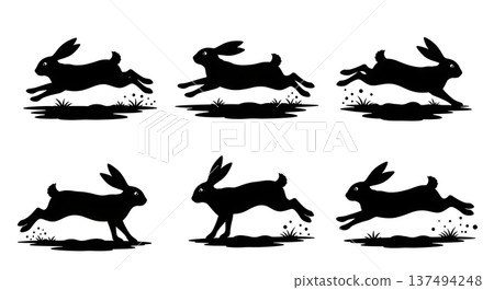 Black Solid Dirt Path Zoomies Bunny Silhouettes Set of Six on White Background Black Solid Dirt Path Zoomies Bunny Silhouettes Set of Six on White Background 137494248