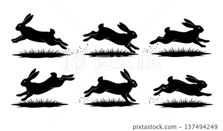 Black Solid Dirt Path Zoomies Bunny Silhouettes Set of Six on White Background Black Solid Dirt Path Zoomies Bunny Silhouettes Set of Six on White Background 137494249