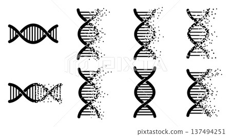 Black Solid Dissolving DNA Pixel Silhouettes Set of Six on White Background Black Solid Dissolving DNA Pixel Silhouettes Set of Six on White Background 137494251