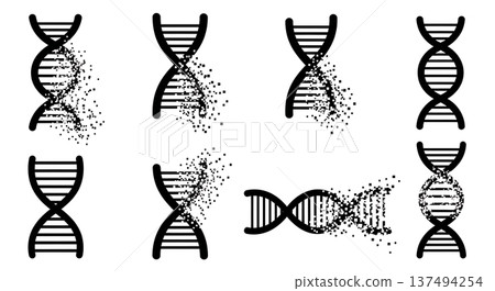 Black Solid Dissolving DNA Pixel Silhouettes Set of Six on White Background 137494254